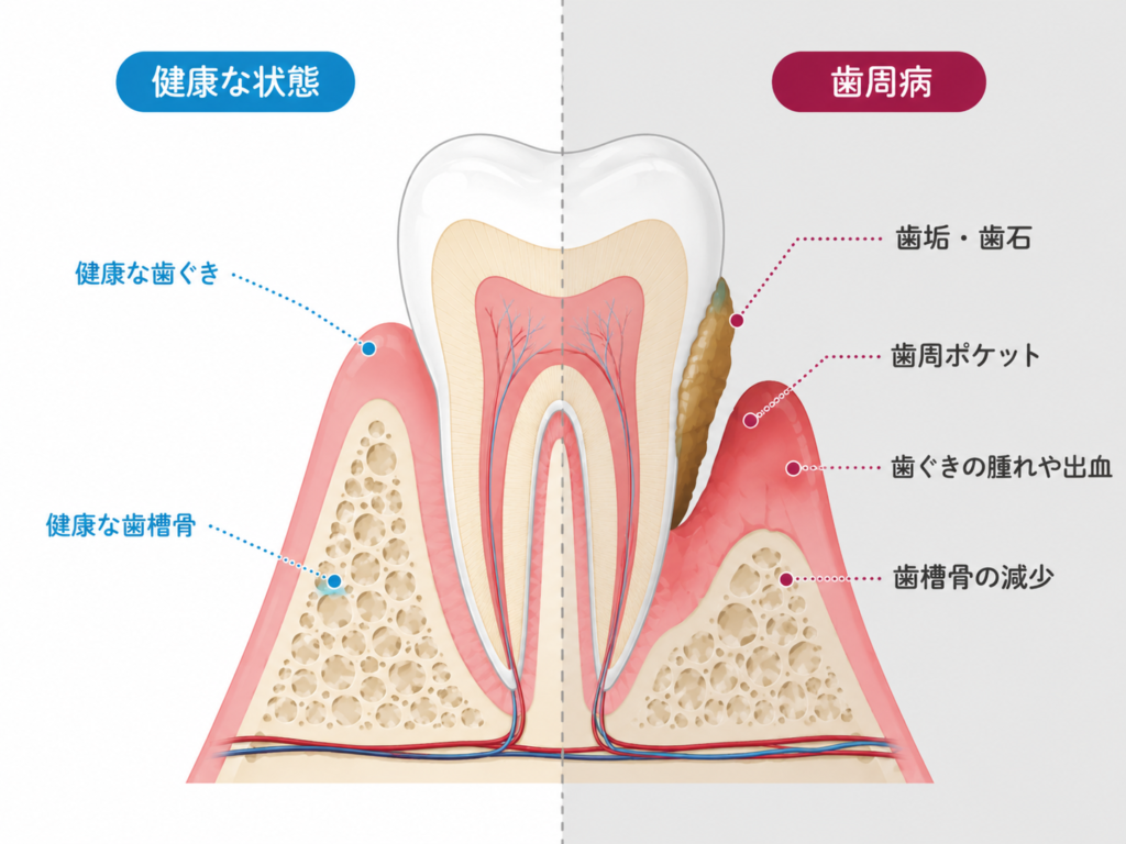 Split diagram showing healthy tooth on the left and periodontal disease on the right, with labeled gums, pockets, and bone loss.